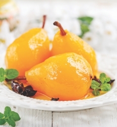 Pears in saffron and rose syrup 